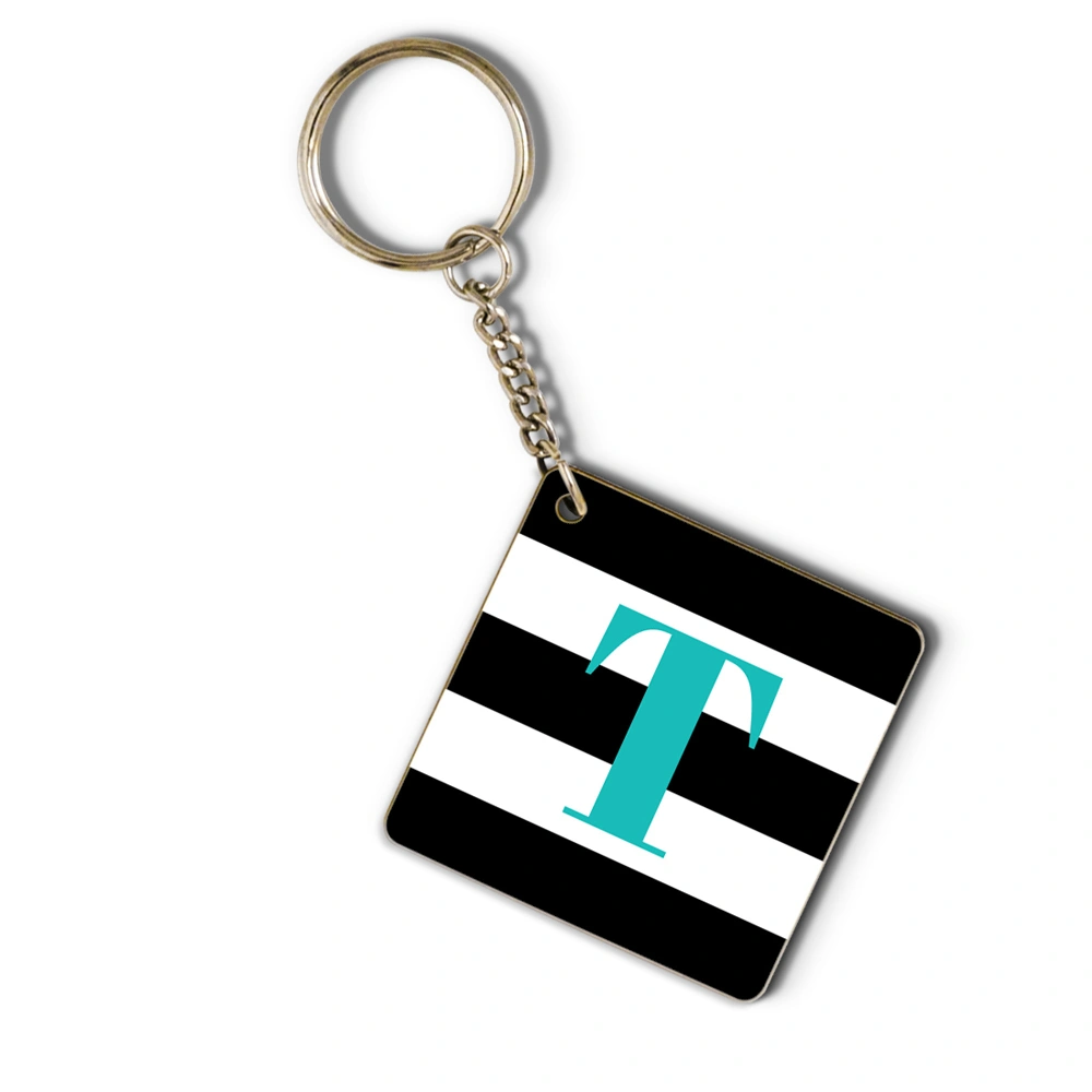 Black &amp;white  striped and turquoise monogram keychain-8