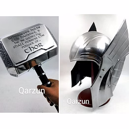 set of power thor hammer thor mjolnir and medieval thor helmet, mild steel ragnarok movie helmet with display stand
