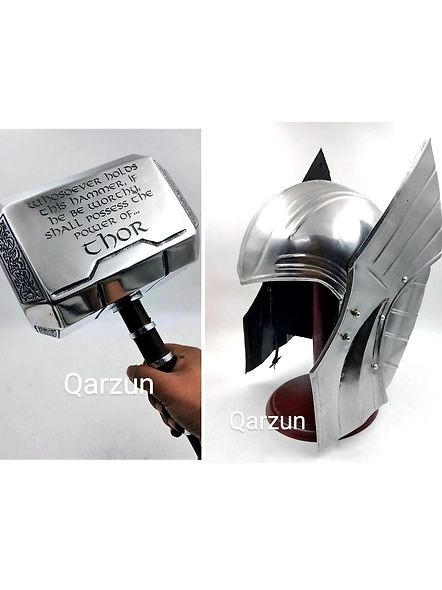 Set of Power Thor Hammer Thor Mjolnir and Medieval Thor Helmet, Mild Steel Ragnarok Movie Helmet with display stand-As1002