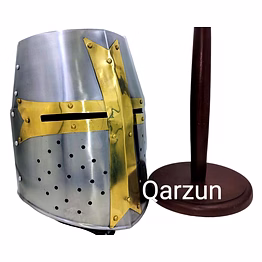 medieval era warrior brass crusader helmet knights helmet | props head wear larpers helmet | knight larp helmet with wooden stand