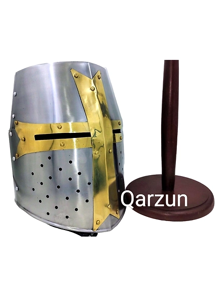 Medieval Era Warrior Brass Crusader Helmet Knights Helmet | Props Head Wear Larpers Helmet | Knight LARP Helmet with Wooden stand-As1004