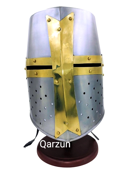 Medieval Era Warrior Brass Crusader Helmet Knights Helmet | Props Head Wear Larpers Helmet | Knight LARP Helmet with Wooden stand-1