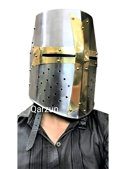 Medieval Era Warrior Brass Crusader Helmet Knights Helmet | Props Head Wear Larpers Helmet | Knight LARP Helmet with Wooden stand-2