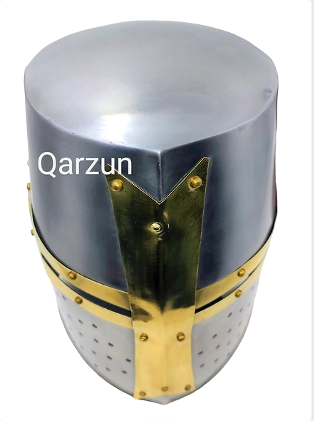 Medieval Era Warrior Brass Crusader Helmet Knights Helmet | Props Head Wear Larpers Helmet | Knight LARP Helmet with Wooden stand-3