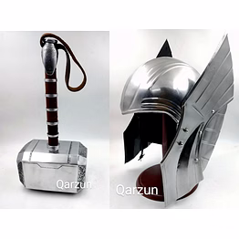 set of thor hammer thor mjolnir and medieval thor helmet, mild steel ragnarok movie helmet with display stand
