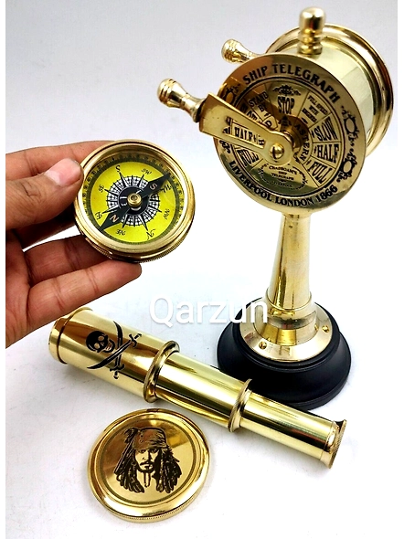 Brass Mini Set of Ship Engine Telegraph , Brass Pirates compass , Brass Pirates Telescope Gift for Father day, Grandfather Gift-1
