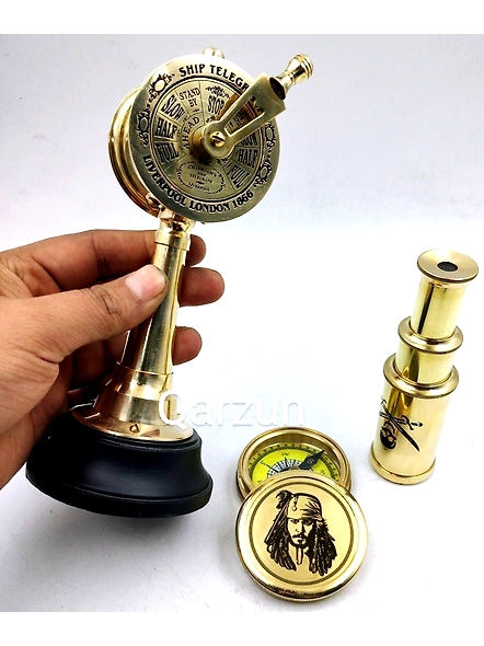 Brass Mini Set of Ship Engine Telegraph , Brass Pirates compass , Brass Pirates Telescope Gift for Father day, Grandfather Gift-2
