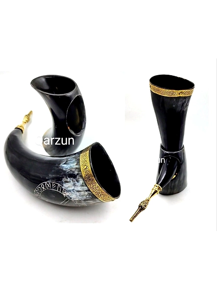 Premium Viking Drinking Horn with Stand | Viking Vibes by Loop | Handcrafted Vikings Horn Beer Mug | Wine Horn Mug Brass Ring Design-As1019