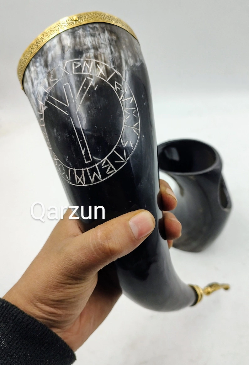 Premium Viking Drinking Horn with Stand | Viking Vibes by Loop | Handcrafted Vikings Horn Beer Mug | Wine Horn Mug Brass Ring Design-1