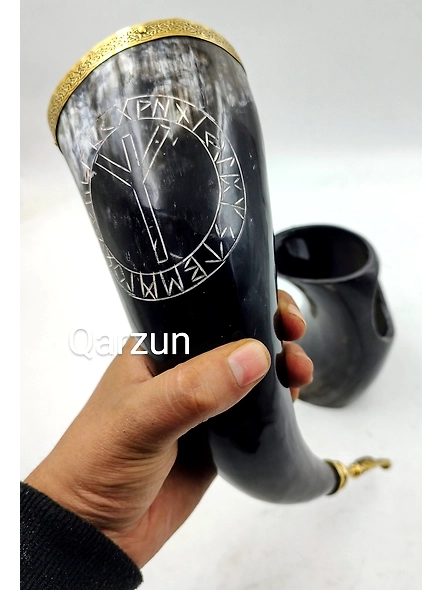 Premium Viking Drinking Horn with Stand | Viking Vibes by Loop | Handcrafted Vikings Horn Beer Mug | Wine Horn Mug Brass Ring Design-1