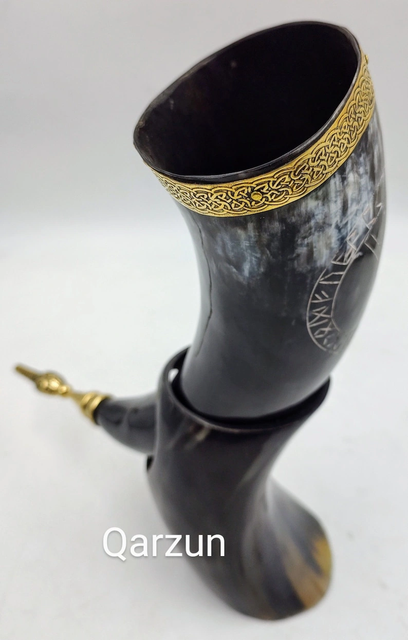 Premium Viking Drinking Horn with Stand | Viking Vibes by Loop | Handcrafted Vikings Horn Beer Mug | Wine Horn Mug Brass Ring Design-2