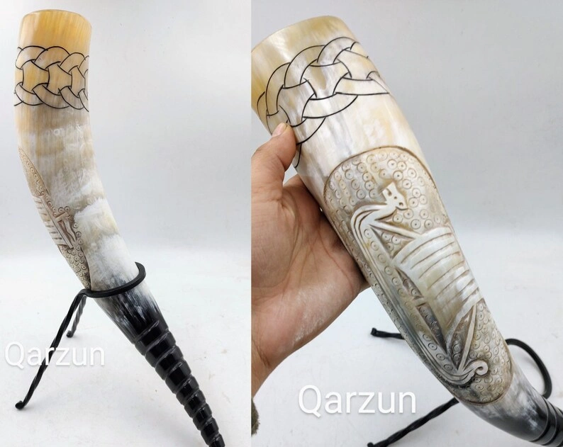 Viking Ship Drinking Horn Scrimshaw Beer Mug with Metal Stand Viking Drinking Horn with Stand | Viking Vibes by Loop | Handcrafted Vikings-As1023