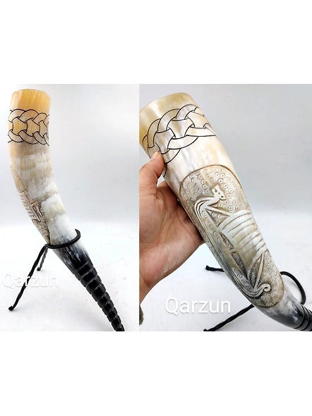 Viking Ship Drinking Horn Scrimshaw Beer Mug with Metal Stand Viking Drinking Horn with Stand | Viking Vibes by Loop | Handcrafted Vikings-As1023