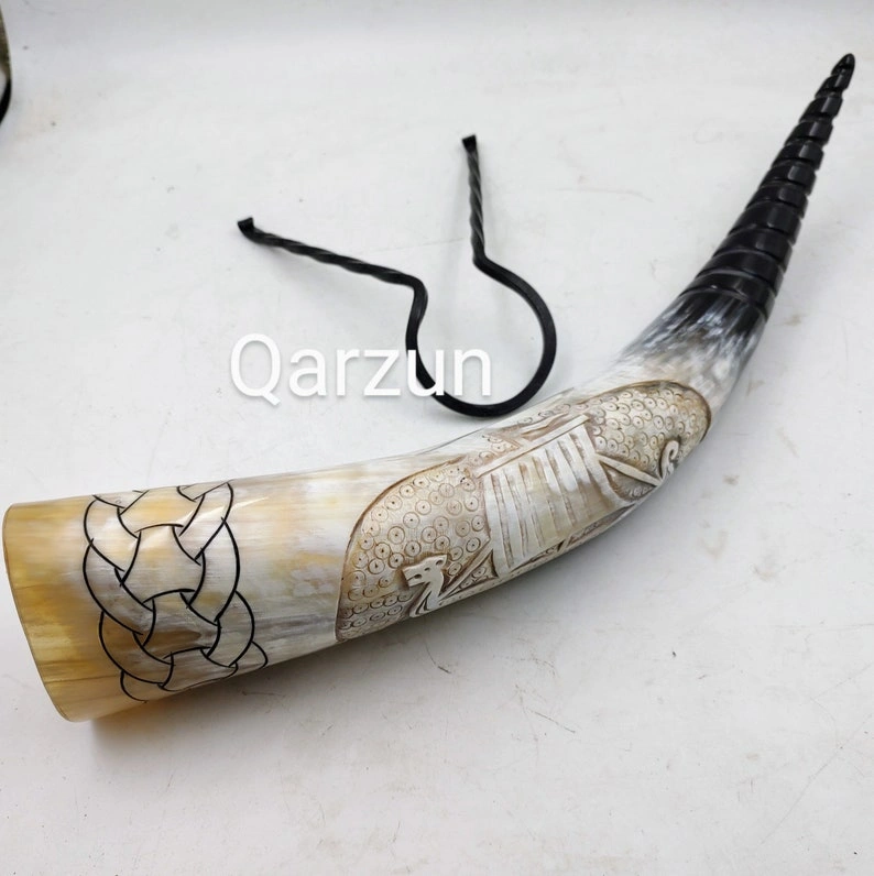 Viking Ship Drinking Horn Scrimshaw Beer Mug with Metal Stand Viking Drinking Horn with Stand | Viking Vibes by Loop | Handcrafted Vikings-1