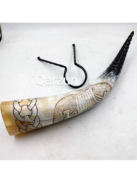 Viking Ship Drinking Horn Scrimshaw Beer Mug with Metal Stand Viking Drinking Horn with Stand | Viking Vibes by Loop | Handcrafted Vikings-1