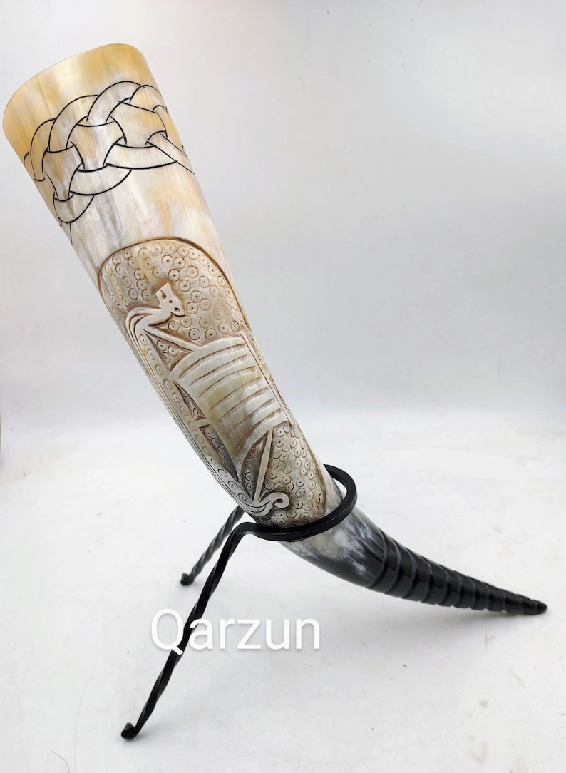 Viking Ship Drinking Horn Scrimshaw Beer Mug with Metal Stand Viking Drinking Horn with Stand | Viking Vibes by Loop | Handcrafted Vikings-2