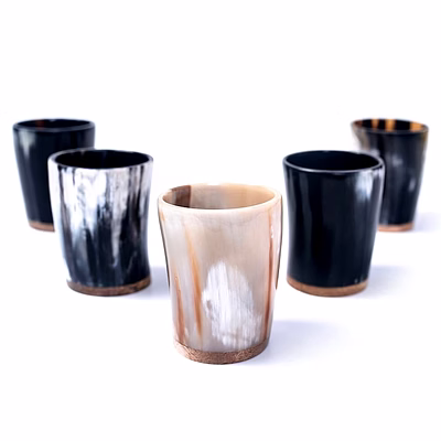 set of 5 horn shot glass vodka glass tequila glass mini glasses set buffalo horn made viking style drinking wood base
