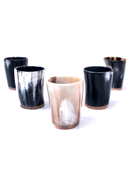 Set of 5 Horn Shot Glass Vodka Glass Tequila Glass Mini glasses set buffalo horn made Viking style drinking wood base-As1026