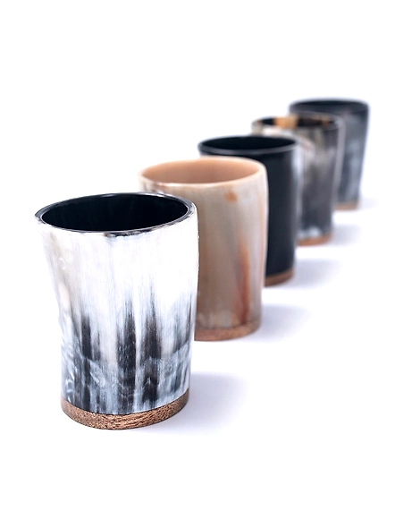 Set of 5 Horn Shot Glass Vodka Glass Tequila Glass Mini glasses set buffalo horn made Viking style drinking wood base-3
