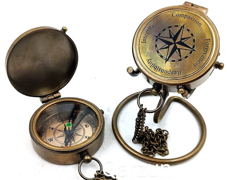 Nautical Compass Integrity Compassion Engraved Solid Brass Navigational Vintage Marine Compass with Display stand Anniversary Gift-As1033