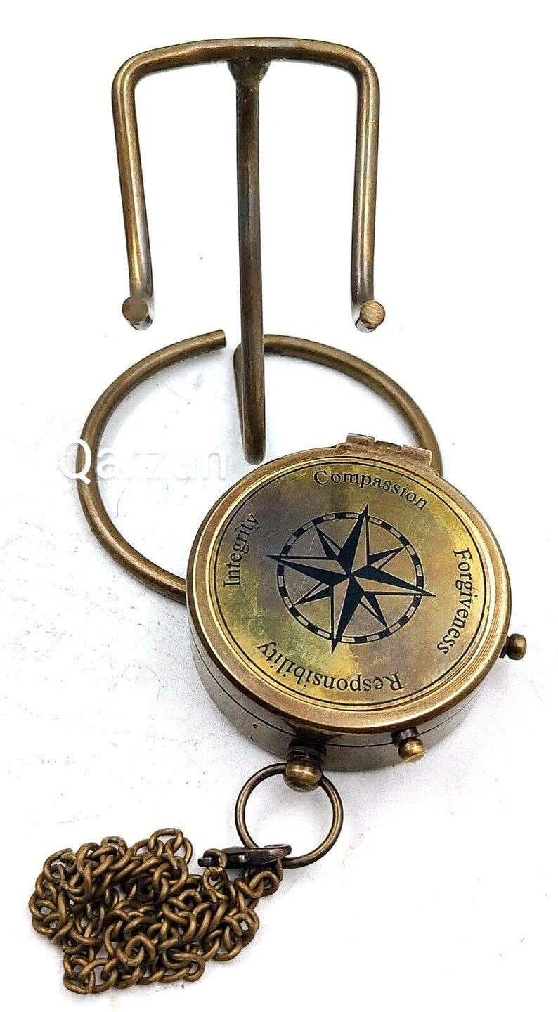 Nautical Compass Integrity Compassion Engraved Solid Brass Navigational Vintage Marine Compass with Display stand Anniversary Gift-1