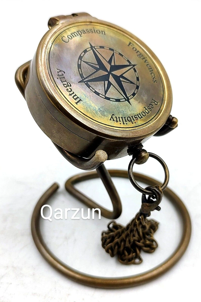 Nautical Compass Integrity Compassion Engraved Solid Brass Navigational Vintage Marine Compass with Display stand Anniversary Gift-3