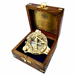 brass sundial compass triangle with wood box collectible gift