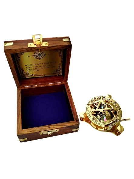 Brass Sundial Compass Triangle With Wood Box Collectible Gift-1