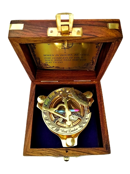 Brass Sundial Compass Triangle With Wood Box Collectible Gift-2