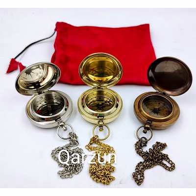 set of 3 shades brass push button lid compass chain with velvet carry case gift mothers day gift
