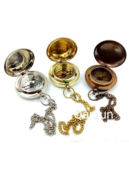 Set of 3 Shades Brass push button Lid compass chain with Velvet carry case Gift mothers day gift-1
