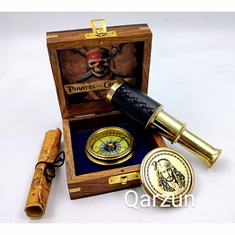 pirates of caribbean kit captain jack sparrow brass compass with mini telescope leather grip antique map in wood box nautical perfect gift
