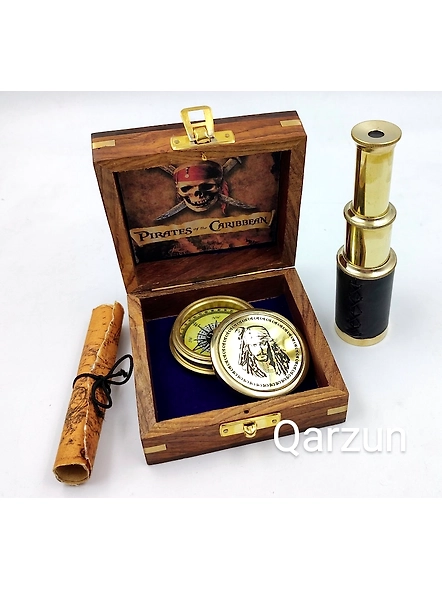 Pirates of Caribbean Kit Captain Jack Sparrow Brass Compass With Mini Telescope Leather Grip Antique Map In Wood Box Nautical Perfect Gift-1