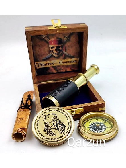 Pirates of Caribbean Kit Captain Jack Sparrow Brass Compass With Mini Telescope Leather Grip Antique Map In Wood Box Nautical Perfect Gift-2