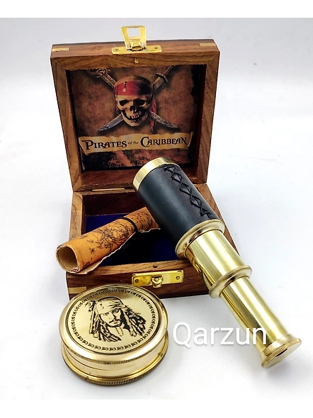 Pirates of Caribbean Kit Captain Jack Sparrow Brass Compass With Mini Telescope Leather Grip Antique Map In Wood Box Nautical Perfect Gift-3