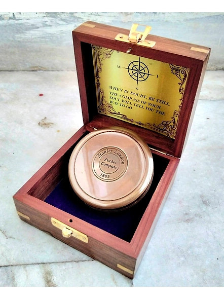 Antique Brown finish brass stanley London poem compass with wood box gift nautical lovers perfect gift item-As1047