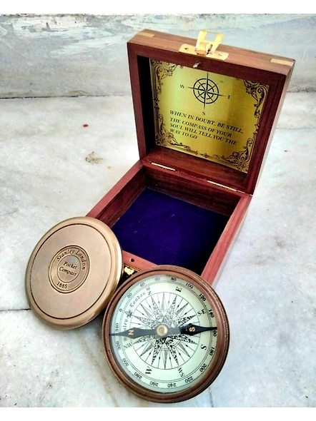 Antique Brown finish brass stanley London poem compass with wood box gift nautical lovers perfect gift item-1