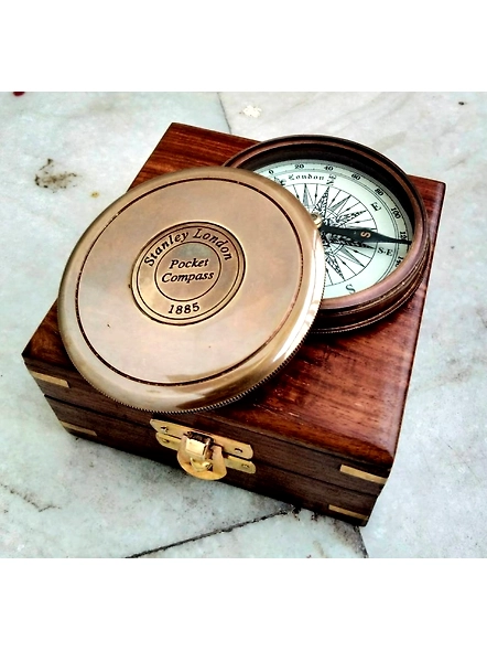 Antique Brown finish brass stanley London poem compass with wood box gift nautical lovers perfect gift item-2