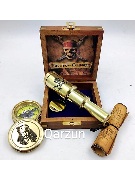 Pirates of Caribbean Kit Captain Jack Sparrow Brass Compass With Mini Telescope Antique Map In Wood Box Nautical Perfect Gift-As1048