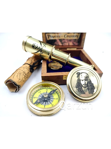 Pirates of Caribbean Kit Captain Jack Sparrow Brass Compass With Mini Telescope Antique Map In Wood Box Nautical Perfect Gift-3