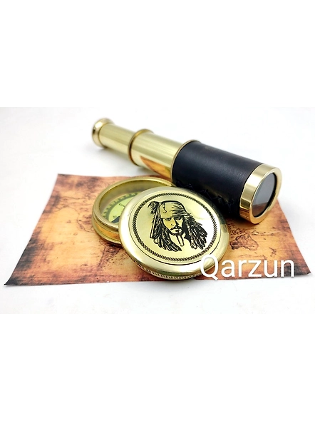 Captain Jack Sparrow Brass Compass With Mini 2 fold Telescope Leather Grip Nautical Perfect Gift For Pirates Lovers-As1049