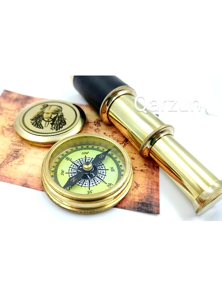 Captain Jack Sparrow Brass Compass With Mini 2 fold Telescope Leather Grip Nautical Perfect Gift For Pirates Lovers-1