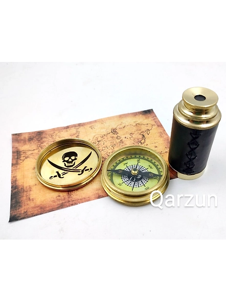 Captain Jack Sparrow Brass Compass With Mini 2 fold Telescope Leather Grip Nautical Perfect Gift For Pirates Lovers-2
