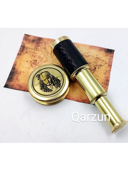 Captain Jack Sparrow Brass Compass With Mini 2 fold Telescope Leather Grip Nautical Perfect Gift For Pirates Lovers-3