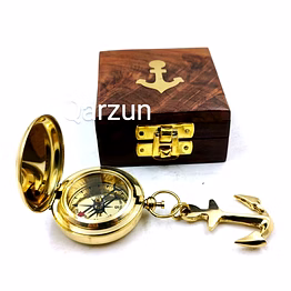 brass push button lid compass pocket compass anchor pendant wood box birthday gift , father day gift , anniversary gift