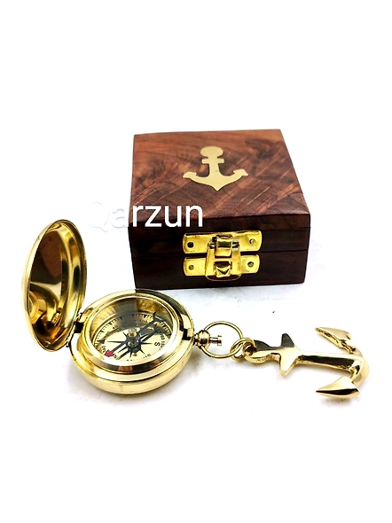Brass Push button lid compass pocket compass Anchor Pendant wood box birthday gift , father day gift , anniversary gift-As1051