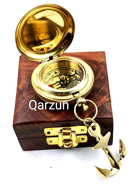 Brass Push button lid compass pocket compass Anchor Pendant wood box birthday gift , father day gift , anniversary gift-2