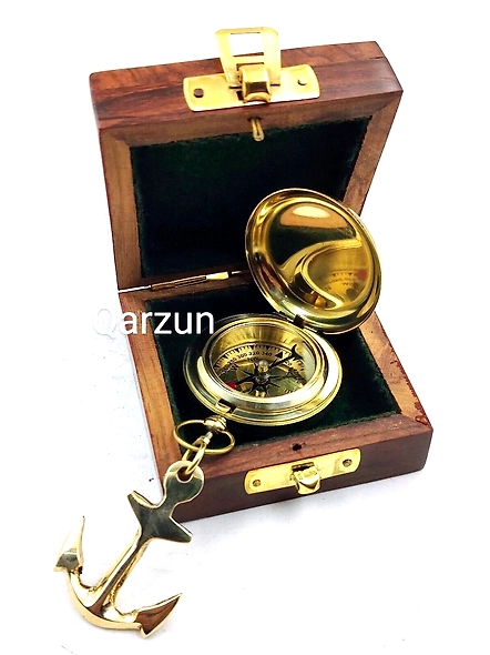 Brass Push button lid compass pocket compass Anchor Pendant wood box birthday gift , father day gift , anniversary gift-3