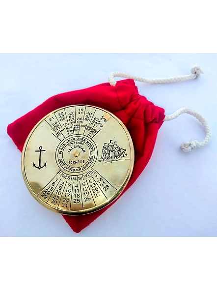 Brass Calendar 100 Yrs With Red Velvet Pouch Bag Tabletop Collectible Gift For Your loved Ones-1