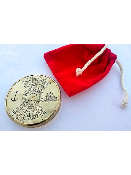Brass Calendar 100 Yrs With Red Velvet Pouch Bag Tabletop Collectible Gift For Your loved Ones-3